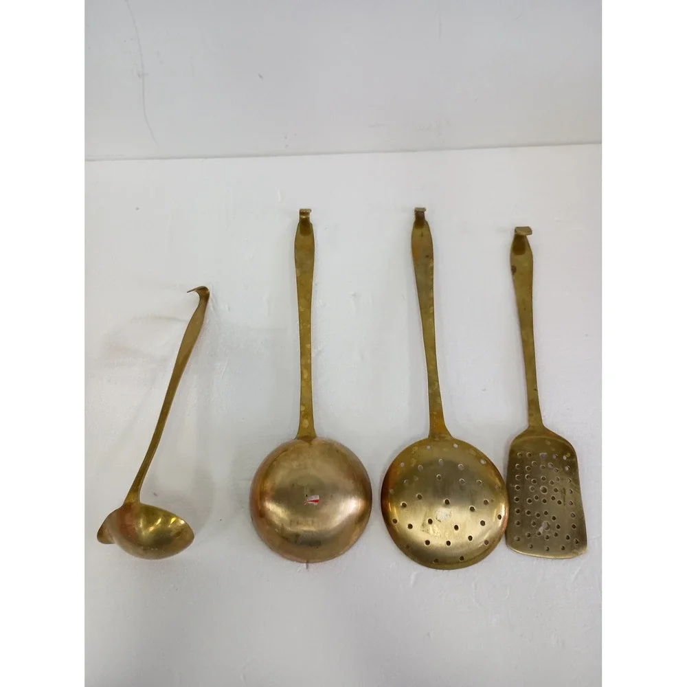 Vintage Brass Kitchen Utensil Set Gold Hanging Decor Ladles Skimmer Spatula